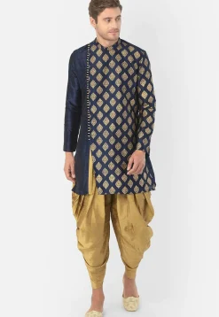 Golden Printed Dupion Silk Dhoti Kurta in Navy Blue