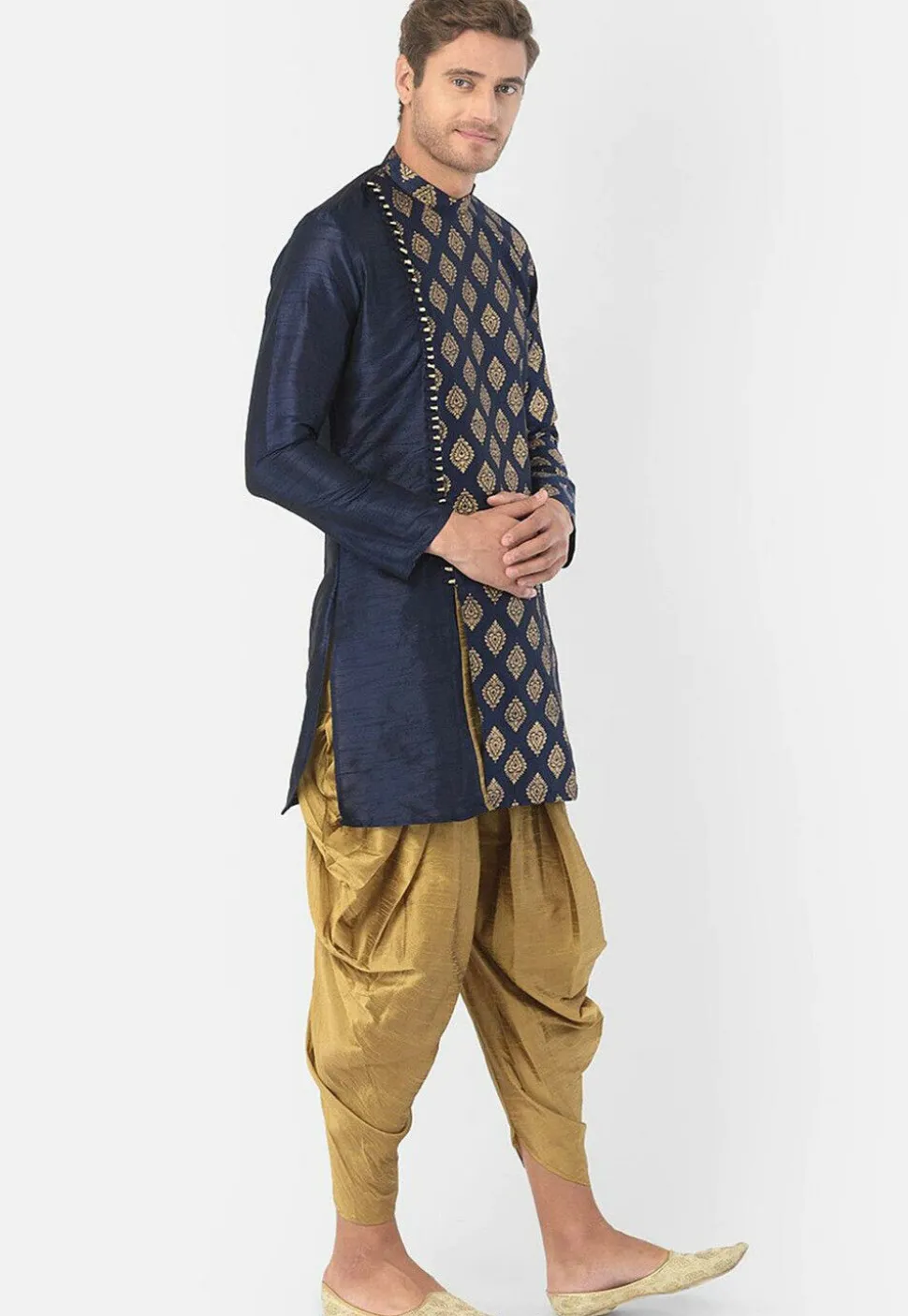Golden Printed Dupion Silk Dhoti Kurta in Navy Blue
