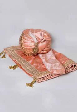 Golden Printed Dupion Silk Turban in Peach