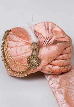 Golden Printed Dupion Silk Turban in Peach