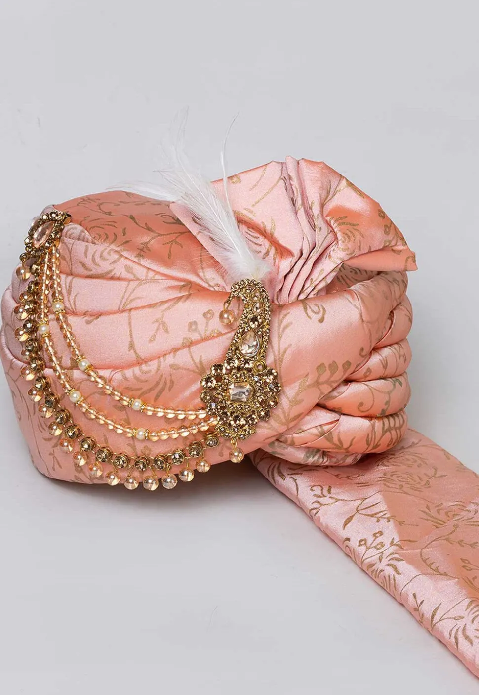 Golden Printed Dupion Silk Turban in Peach