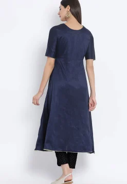 Golden Printed Dupion Silk A Line Kurta in Navy Blue
