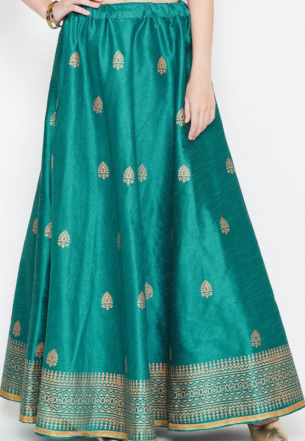 Golden Printed Dupion Silk Skirt in Teal Blue