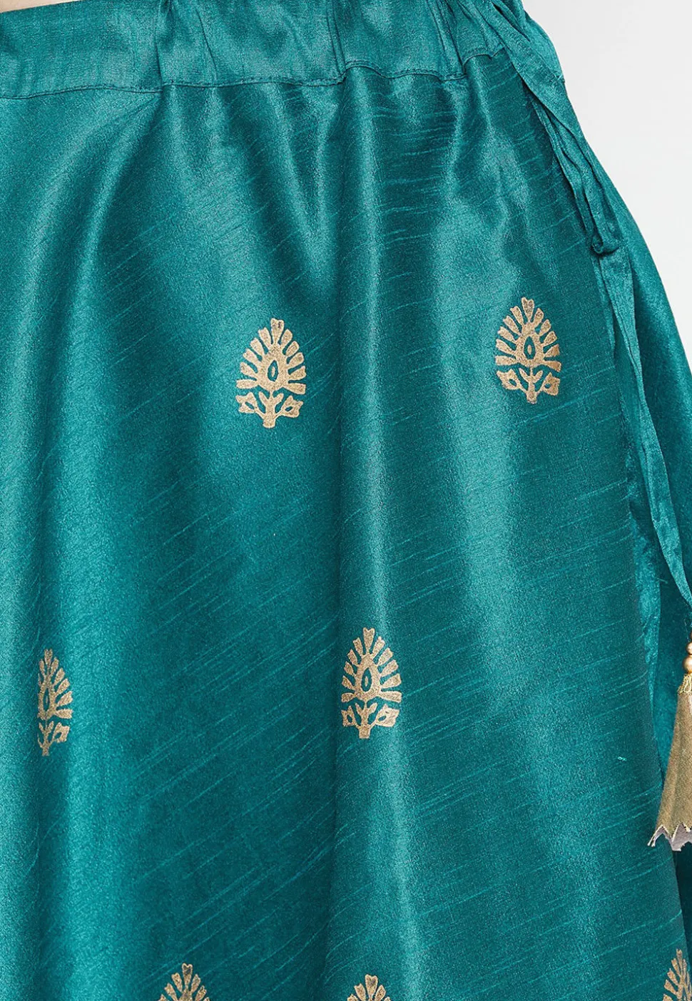 Golden Printed Dupion Silk Skirt in Teal Blue