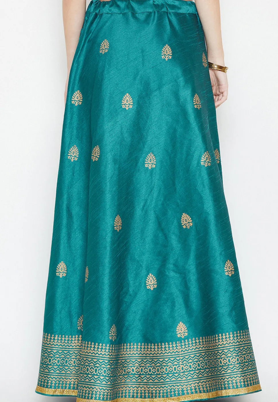 Golden Printed Dupion Silk Skirt in Teal Blue
