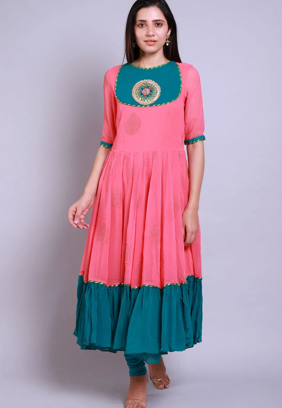 Golden Printed Georgette Anarkali Kurta in Pink