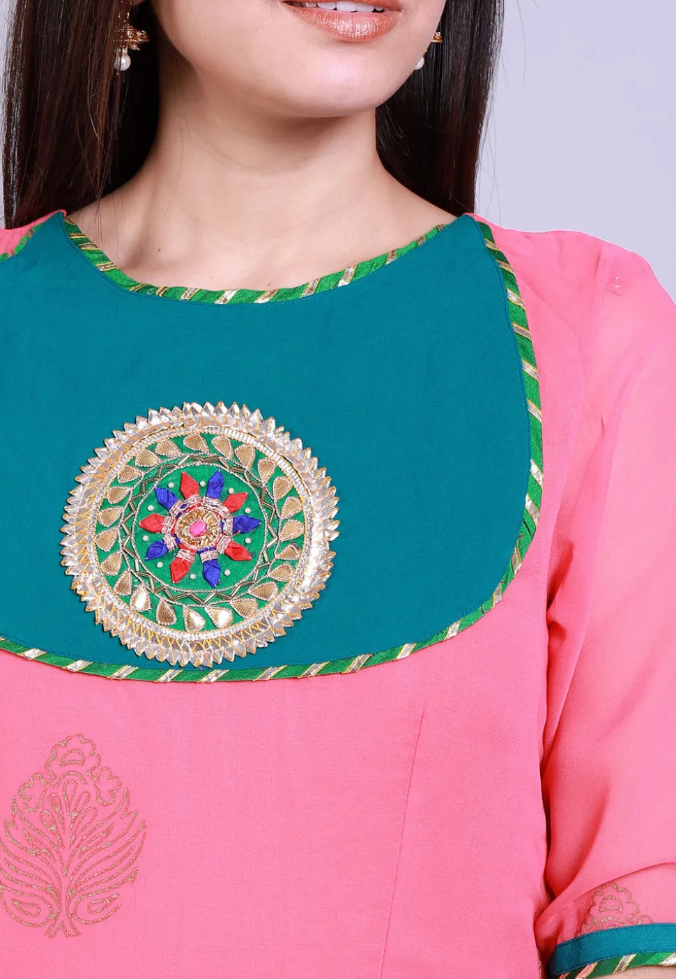 Golden Printed Georgette Anarkali Kurta in Pink