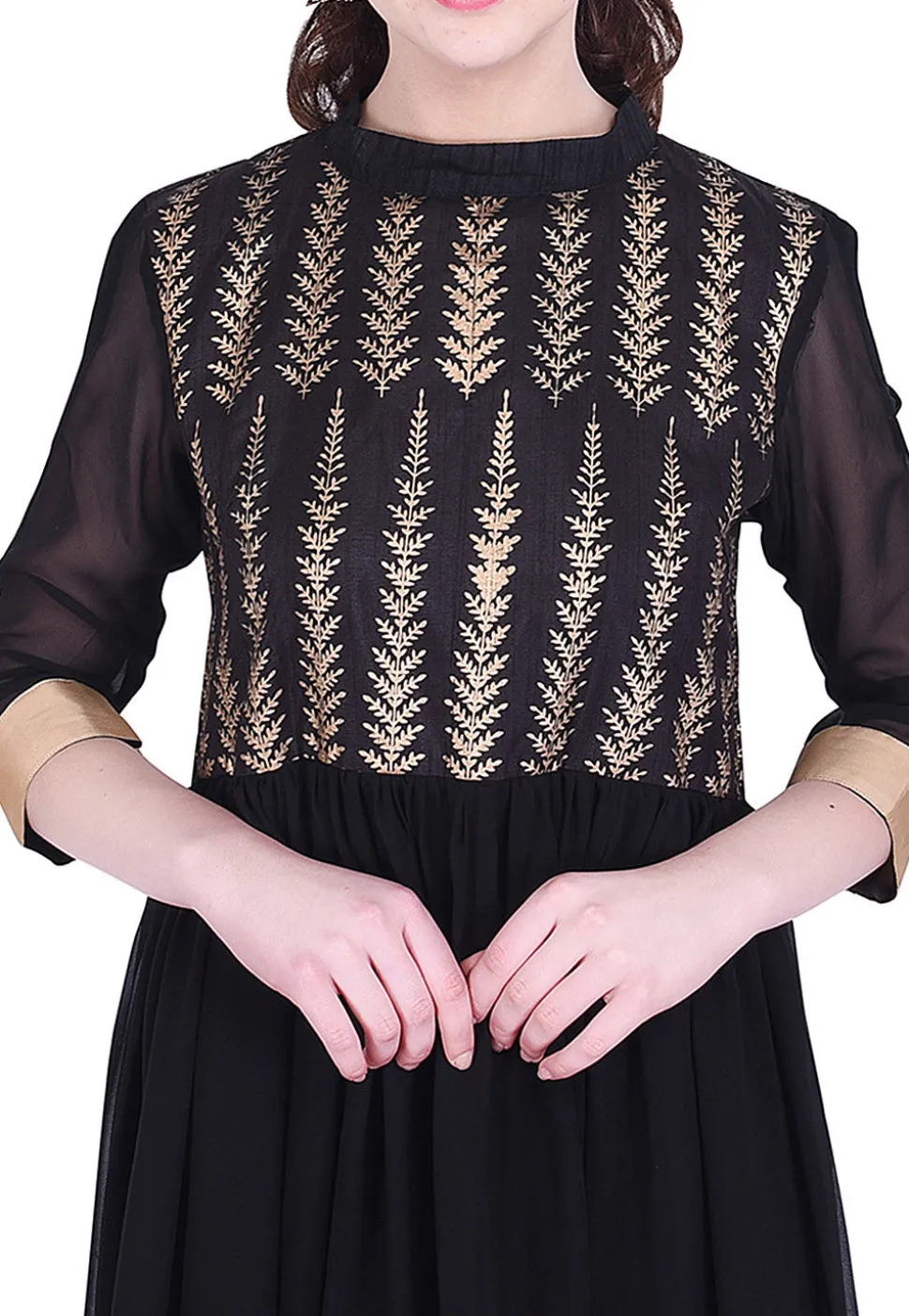 Golden Printed Georgette Anarkali Suit in Black