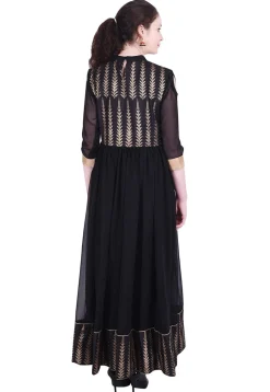 Golden Printed Georgette Anarkali Suit in Black