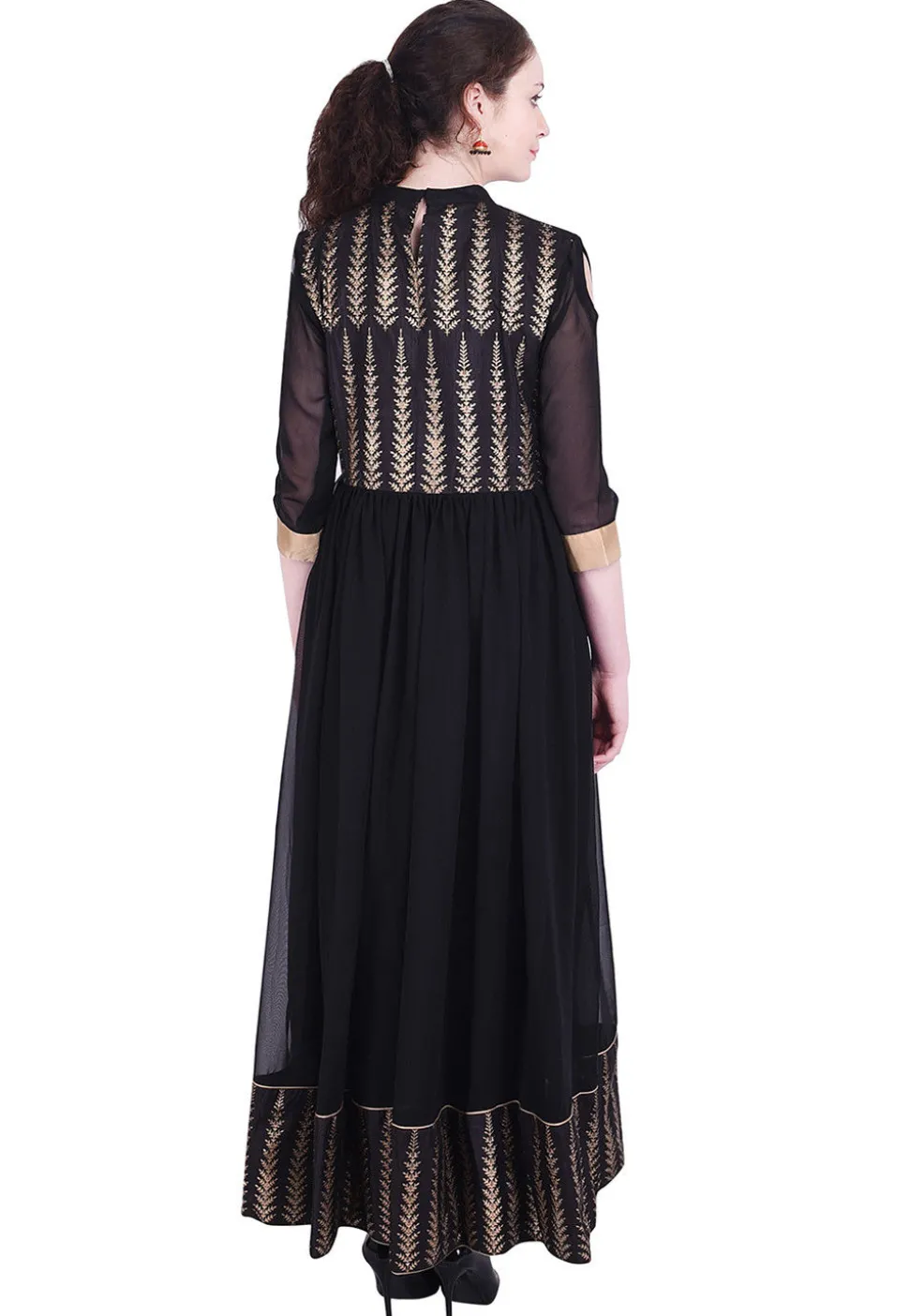 Golden Printed Georgette Anarkali Suit in Black