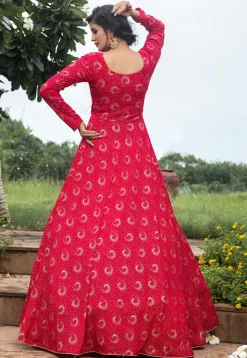 Golden Printed Georgette Flared Gown in Fuchsia