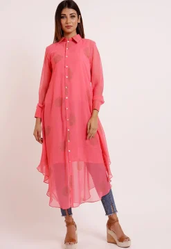 Golden Printed Georgette Asymmetric Kurta in Coral Pink
