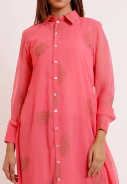 Golden Printed Georgette Asymmetric Kurta in Coral Pink