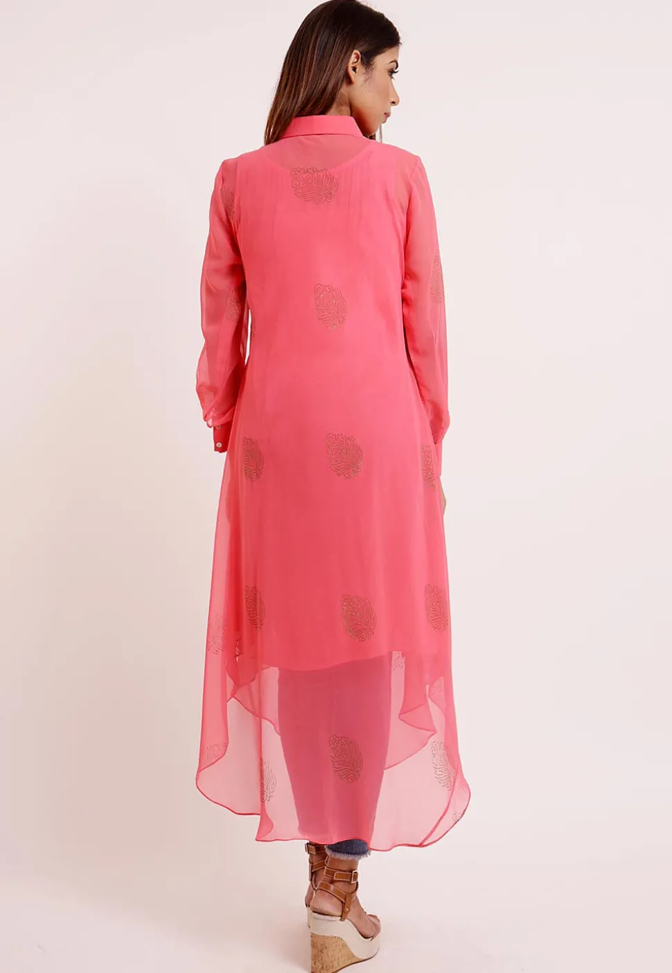 Golden Printed Georgette Asymmetric Kurta in Coral Pink