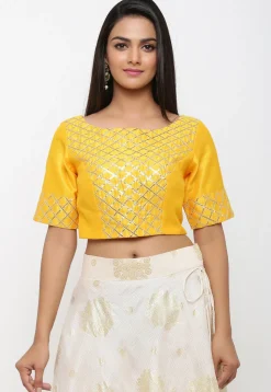 Golden Printed Kota Silk Lehenga in Off White
