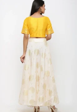Golden Printed Kota Silk Lehenga in Off White