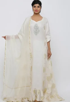 Golden Printed Kota Silk Ruffled Hem Abaya Style Suit in Cream