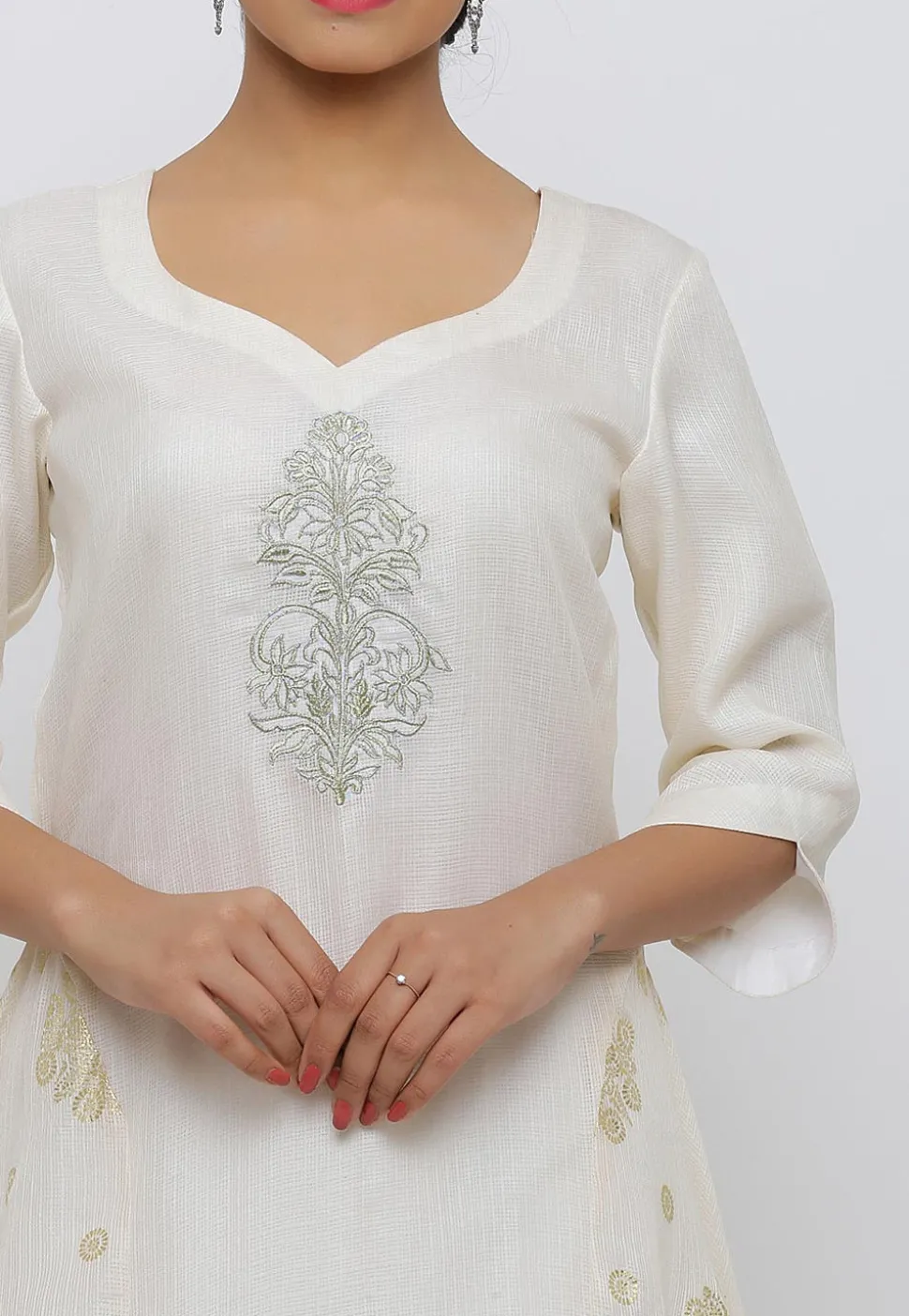 Golden Printed Kota Silk Ruffled Hem Abaya Style Suit in Cream