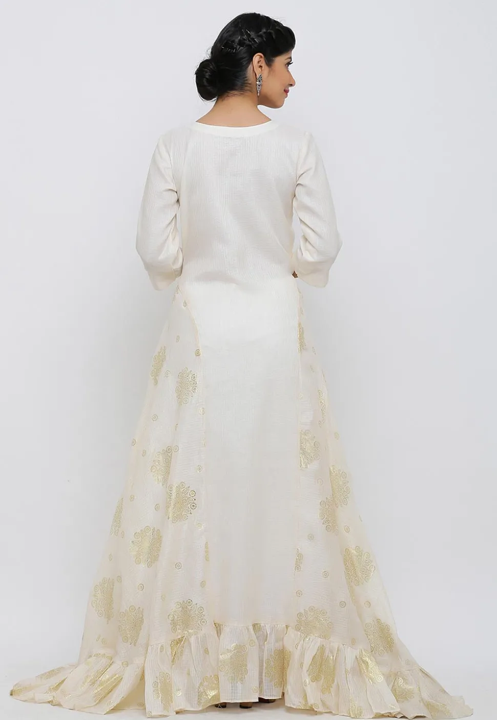 Golden Printed Kota Silk Ruffled Hem Abaya Style Suit in Cream