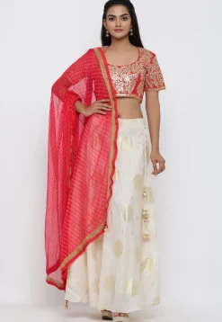 Golden Printed Kota Silk Lehenga in Off White
