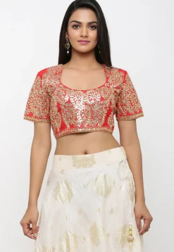 Golden Printed Kota Silk Lehenga in Off White