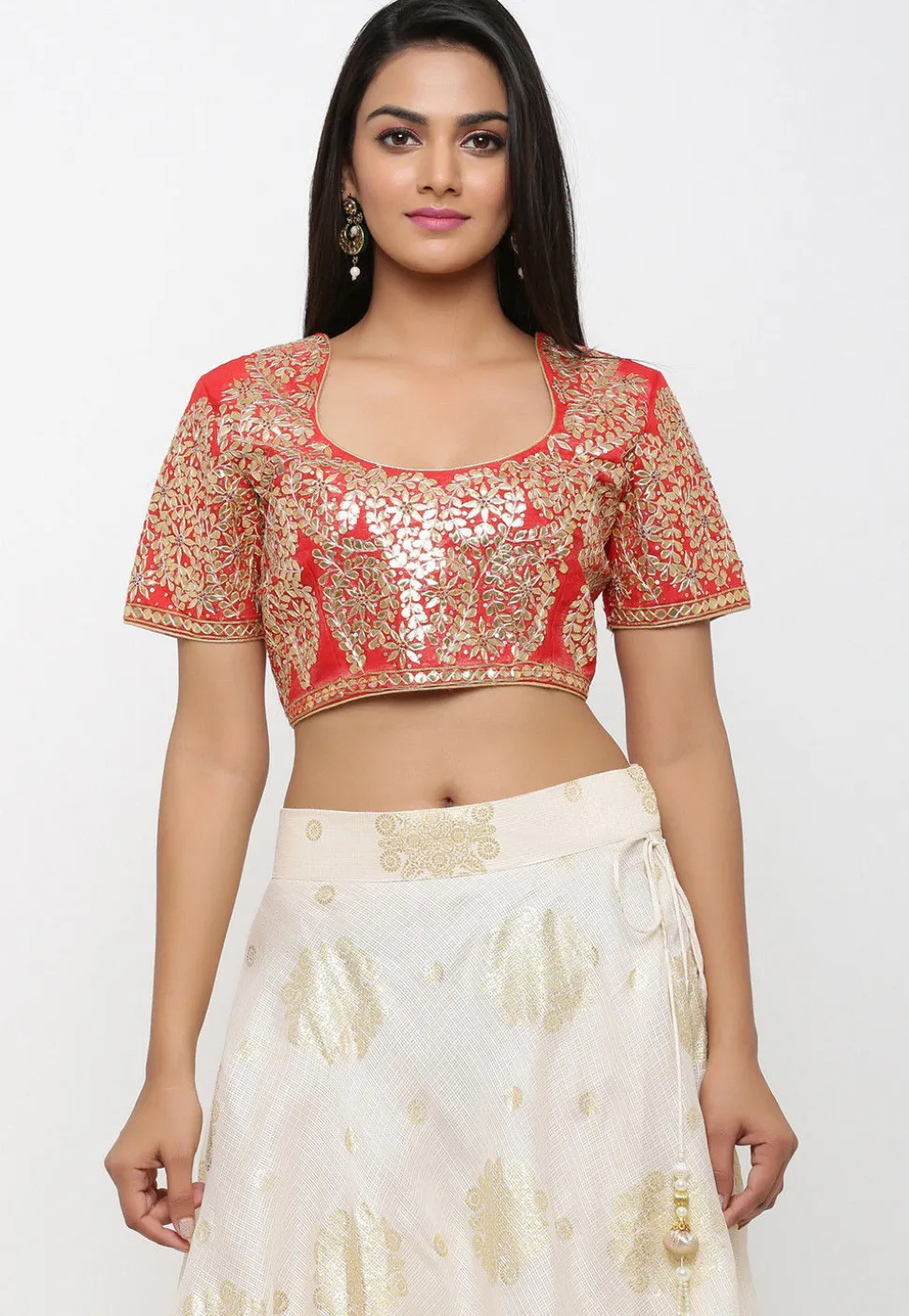 Golden Printed Kota Silk Lehenga in Off White