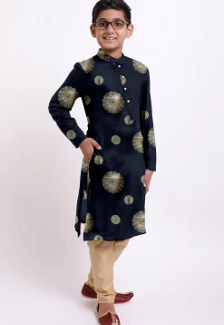 Golden Printed Kota Silk Kurta Set in Black