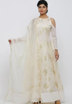 Golden Printed Kota Silk Abaya Style Suit in Cream