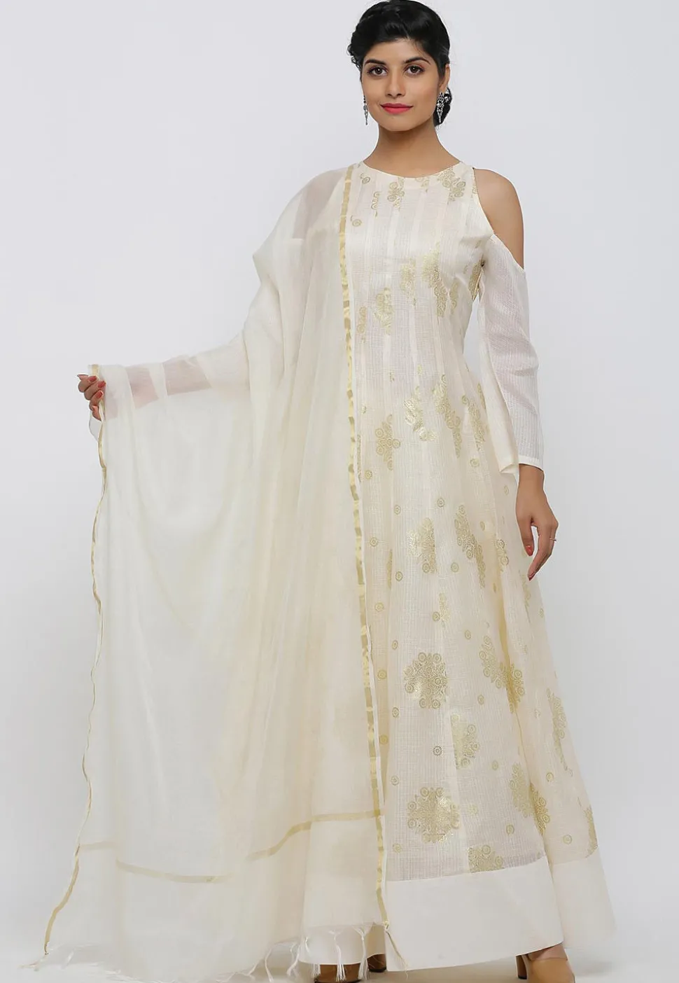 Golden Printed Kota Silk Abaya Style Suit in Cream