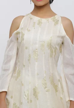 Golden Printed Kota Silk Abaya Style Suit in Cream