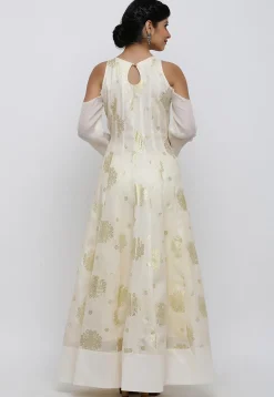 Golden Printed Kota Silk Abaya Style Suit in Cream