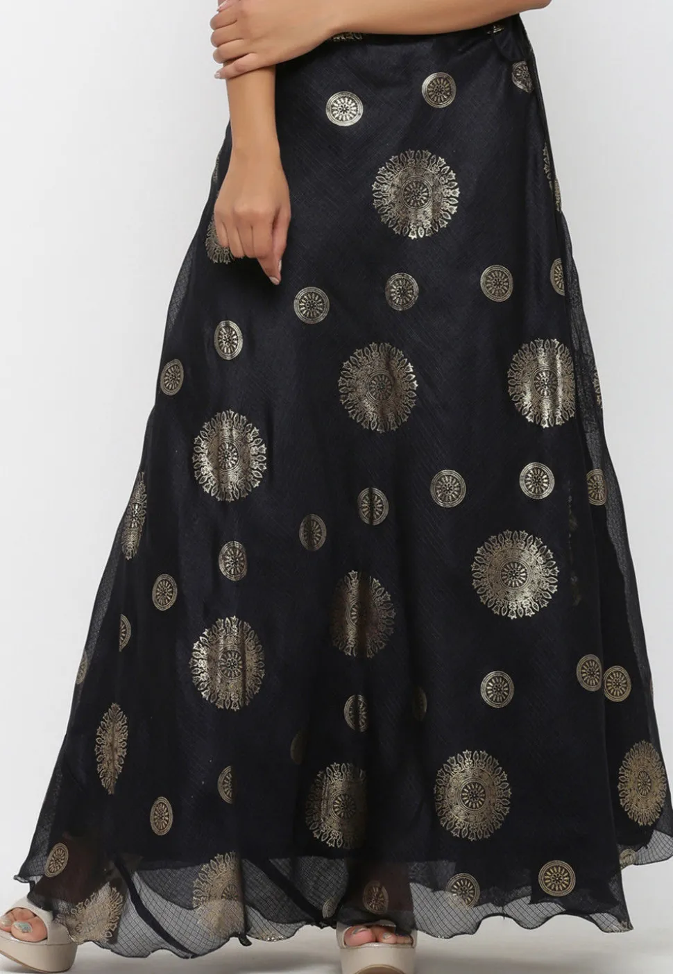 Golden Printed Kota Silk Long Skirt in Black