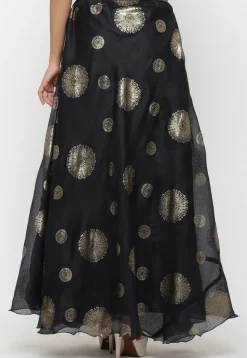 Golden Printed Kota Silk Long Skirt in Black