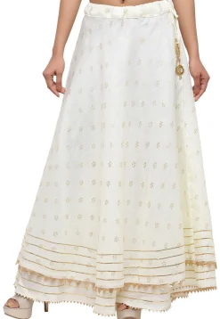 Golden Printed Kota Silk Skirt in Cream