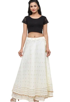 Golden Printed Kota Silk Skirt in Cream