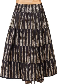 Golden Printed Pleated Dupion silk Skirt in Black