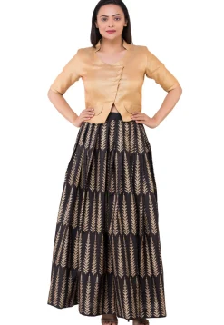 Golden Printed Pleated Dupion silk Skirt in Black