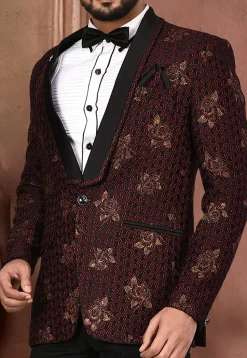 Golden Printed Polyester Lycra Tuxedo in Black and Maroon
