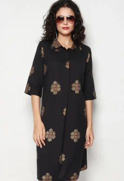 Golden Printed Pure Cotton Aline Dress in Black