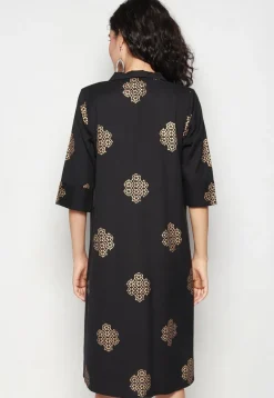 Golden Printed Pure Cotton Aline Dress in Black
