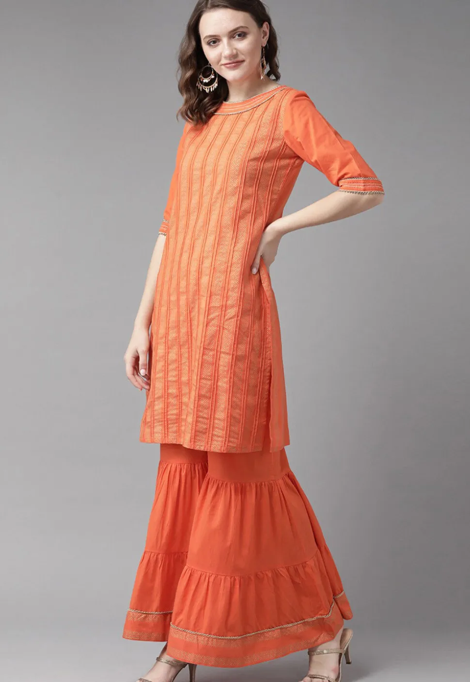 Golden Printed Pure Cotton Pakistani Suit in Orange