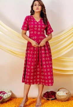 Golden Printed Pure Cotton Midi Dress in Fuchsia