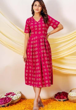 Golden Printed Pure Cotton Midi Dress in Fuchsia