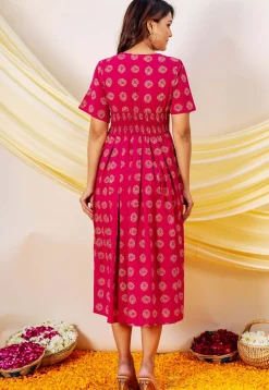 Golden Printed Pure Cotton Midi Dress in Fuchsia