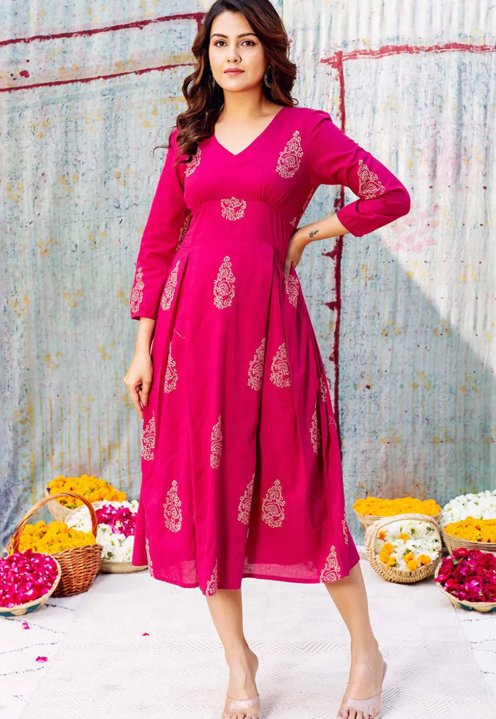Golden Printed Pure Cotton Midi Dress in Fuchsia
