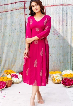 Golden Printed Pure Cotton Midi Dress in Fuchsia