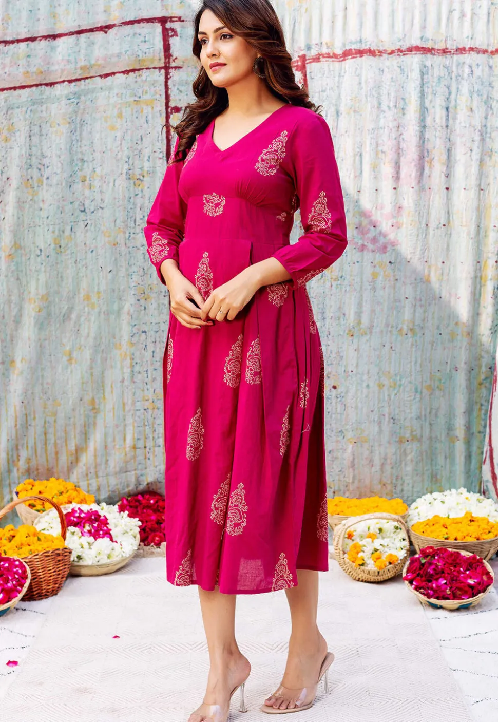 Golden Printed Pure Cotton Midi Dress in Fuchsia