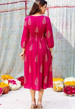 Golden Printed Pure Cotton Midi Dress in Fuchsia