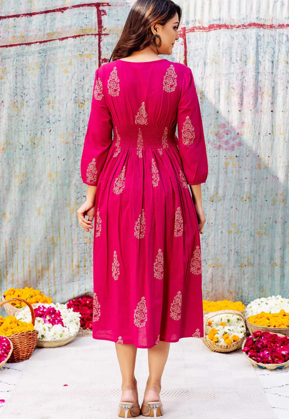 Golden Printed Pure Cotton Midi Dress in Fuchsia