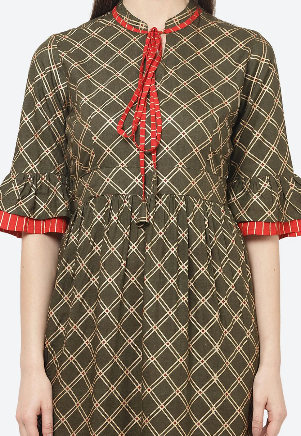Golden Printed Rayon A Line Kurta in Dark Olive Green